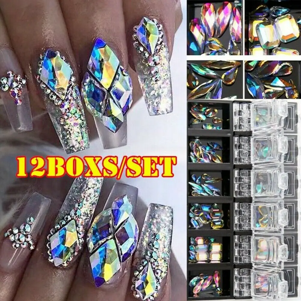 12 Grids Nail Art Rhinestones 3D Multi-Size Crystal AB Flatback Diamond  Gems Shiny Jewelry DIY Charm Nail Art Decoration NT12GPZ