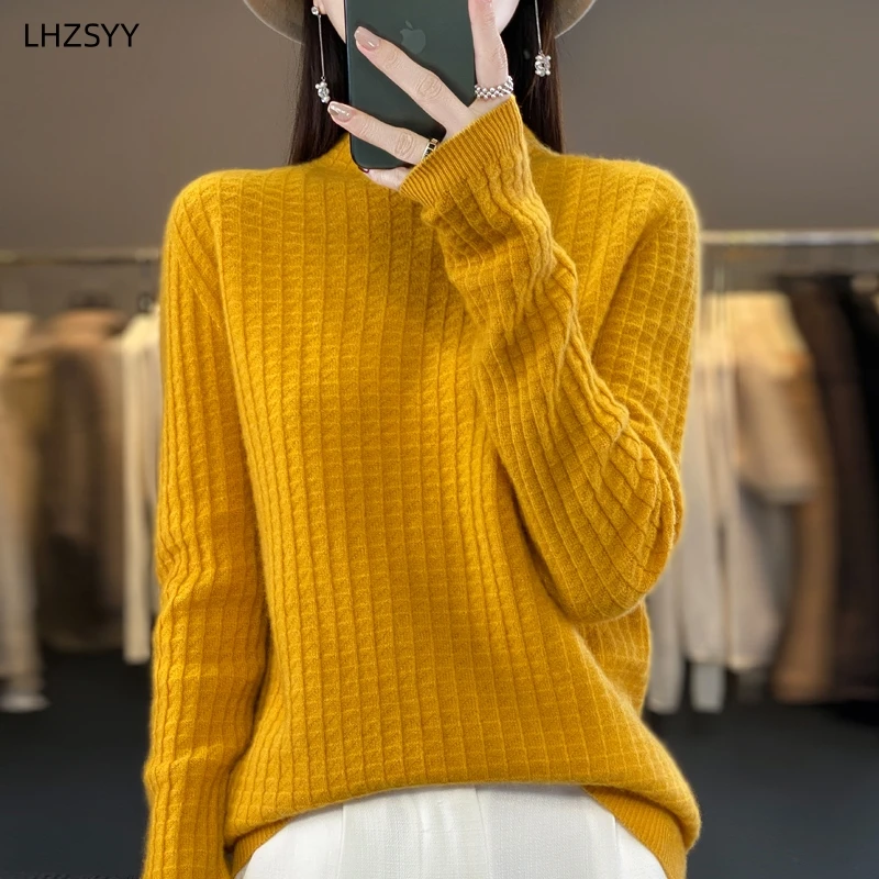 

LHZSYY Women Semi-Turtleneck Pullover One-line ready-to-wear Cashmere Sweaters Loose Knit Shirt New Autumn Fashion Pure Wool Top