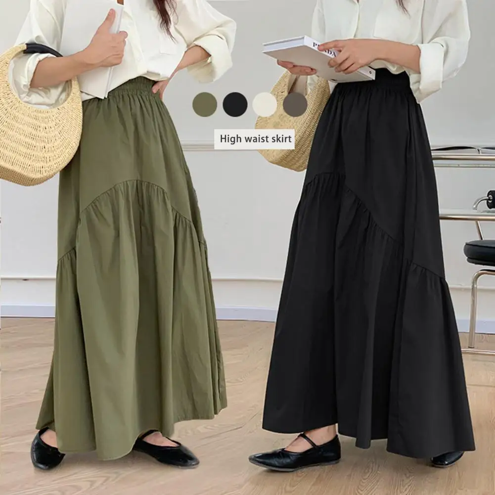 

High Waist Swing Maxi Skirt for Women 2024 Spring Solid Elegant Office Lady Khaki A-line Long Skirts Womans Clothing