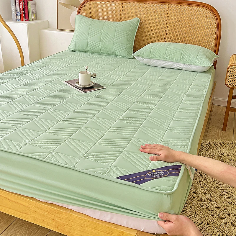 Solid Color Quilted Fitted Sheet Set - Deep Pocket Sheet with 2 Pillowcase, Soft Mattress Cover Suitable for Fall Winter Spring 1