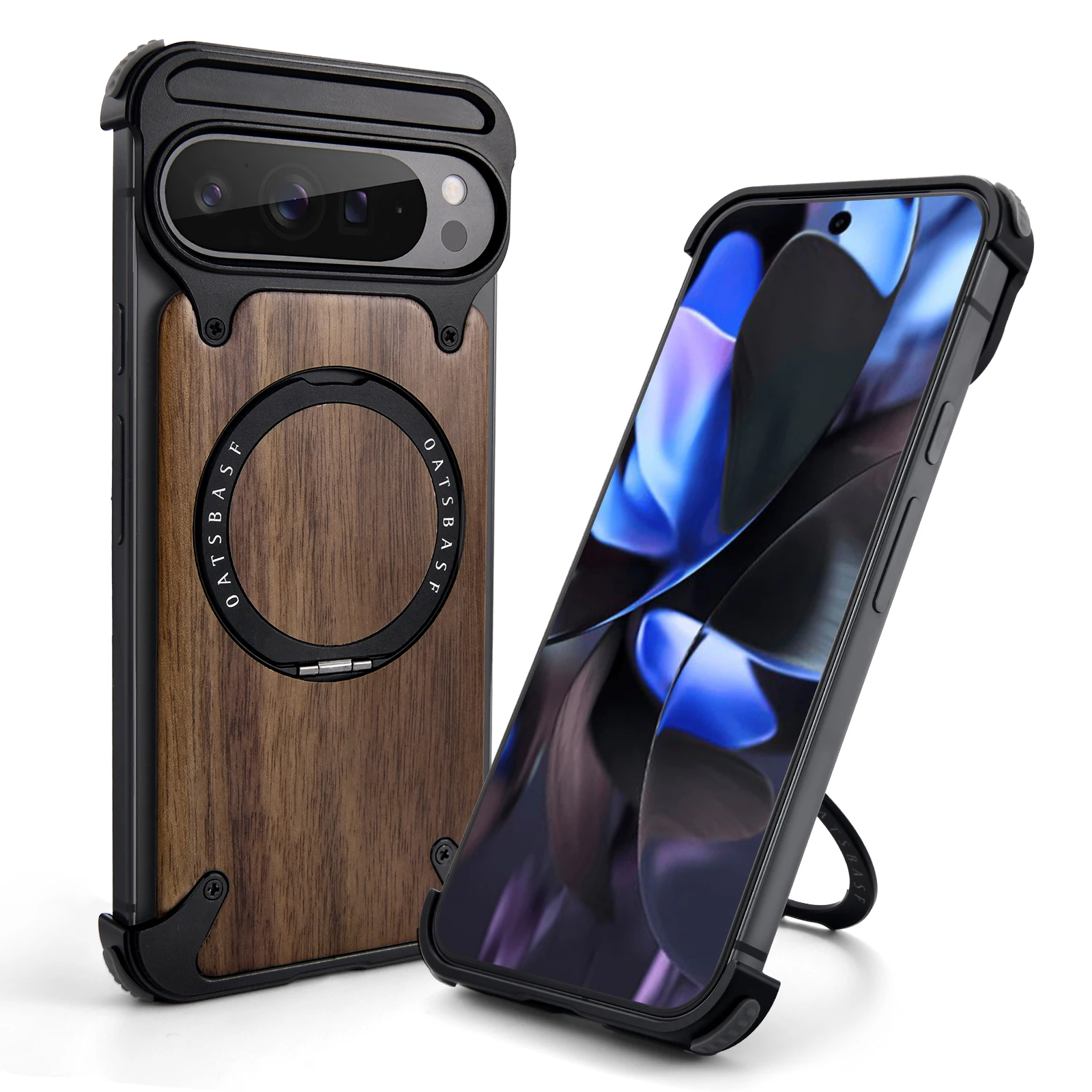Oatsbasf Solid Wooden Phone Case with 360° Rotatable Stand and Magsafe, Frameless Shockproof Design
