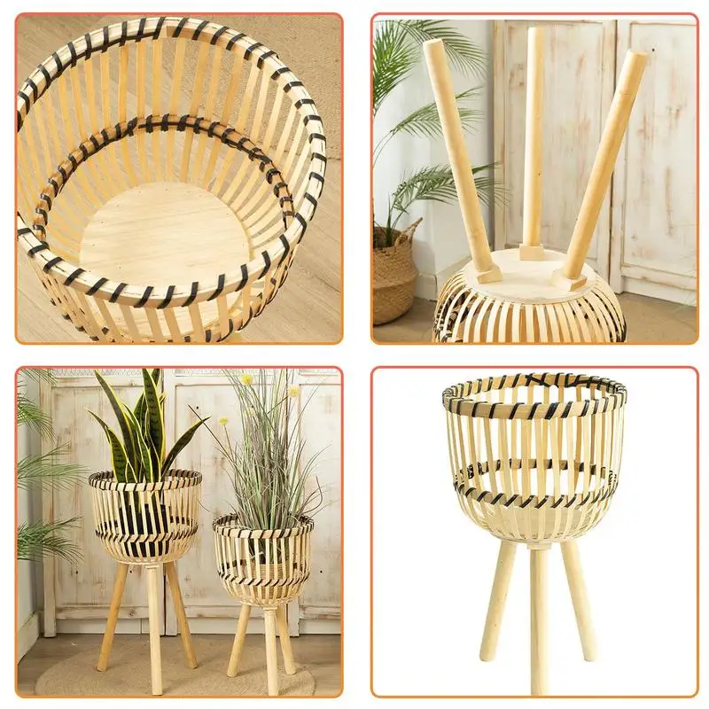 Soporte de plantas tejido con patas, maceta decorativa de madera con cesta  de bambú tejida a mano para plantas de interior, flores en macetas -  AliExpress