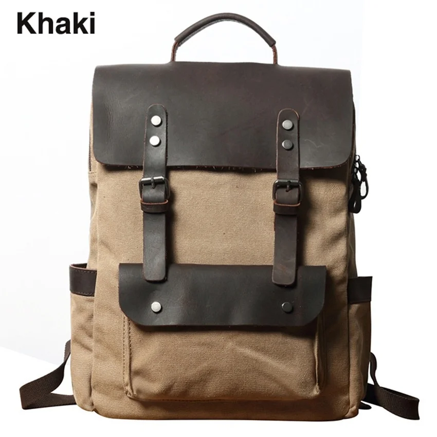 Vintage Men Canvas Backpacks Crazy Horse Leather Rucksacks Laptop Bagpack School Bags Mountaineering Travel Pack
