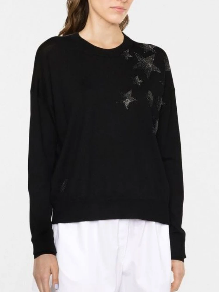 Women Sweater 2022 100 Cashmere Elegant Long Sleeve Star Love Black Solid Color Pullover