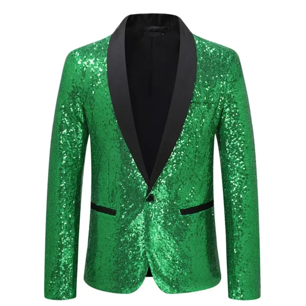 thumbnail image 1 of Traje de hombre con lentejuelas, chaqueta individual, solapa de pico, traje ajustado, esmoquin de fiesta, trajes de hombre para fiesta, vestido de noche, traje de actuación en el escenario, 1 of 4