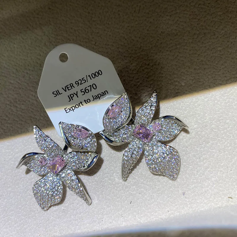 Luxury large floral pink zircon earrings detachable multi-wear women's  vintage baroque exaggeration petal wedding jewelry
