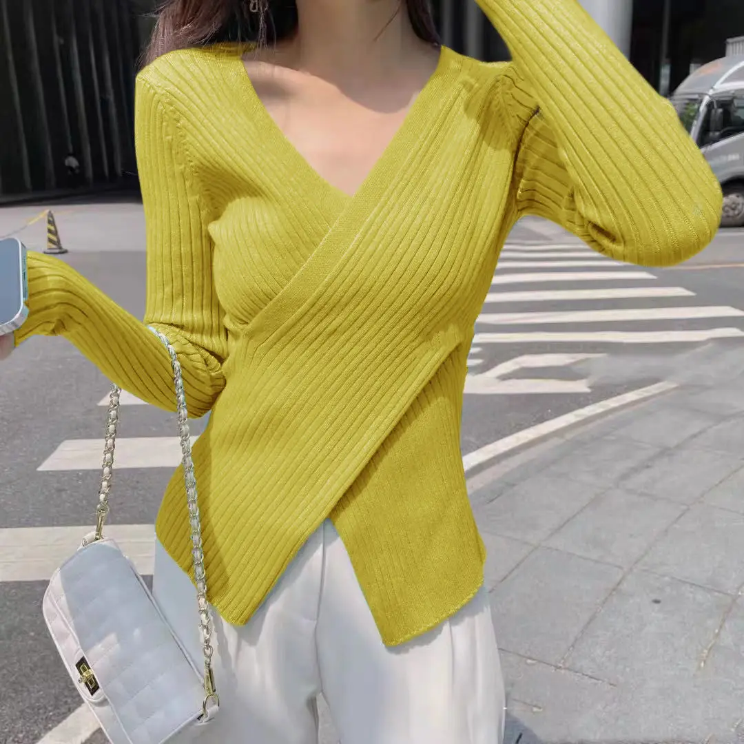 

Yellow Sexy Slits Knit Pullover Low V Collar Sweater Women's T-shirt Sweaters for Women Pull Slim Top Cloth Shirt Clothes Tights