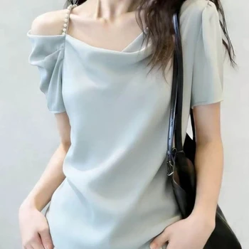 Abbigliamento Femminile Elegante, Top con Spalle Scoperte, Tinta Unita, Semplice, Nuova Collezione Estiva, Manica Corta, Versatile, T-Shirt alla Moda per l'Ufficio