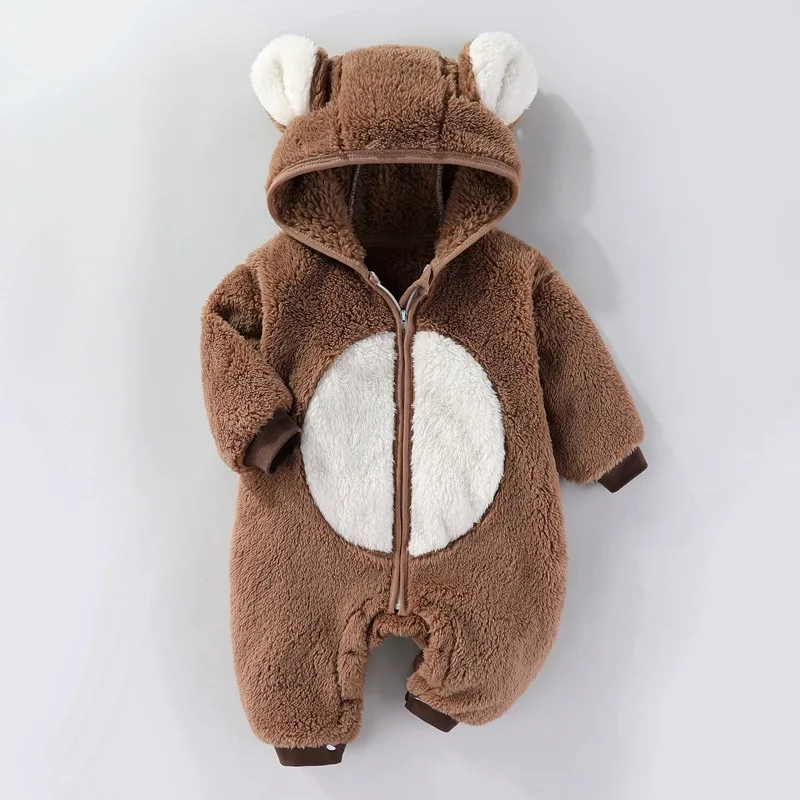 Autumn Winter Baby Clothes Boy Girl Cartoon Thicken Plus Velvet Zipper Hooded Romper Infant Warm One-piece Fashion Kid Jumpsuit 5
