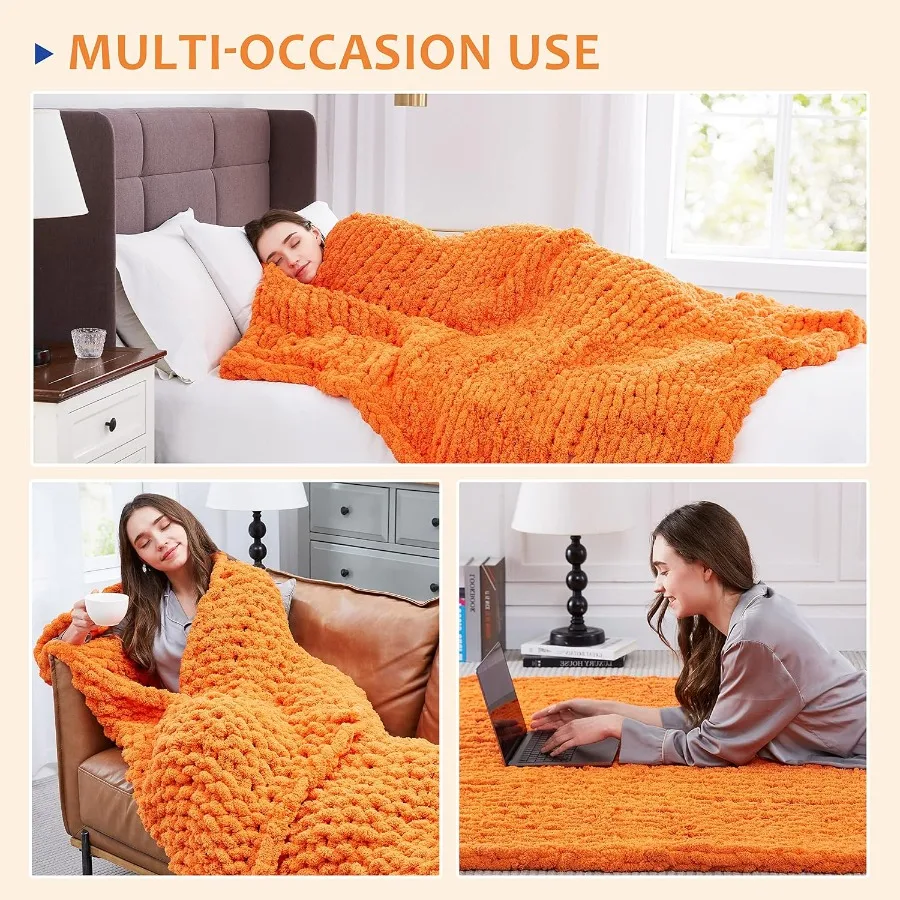Chunky Knit Blanket Throw: 80''x90'' Chenille Chunky Knitted Throw Blanket for Bed Couch Handmade Thick Big Cable Knit Blanket