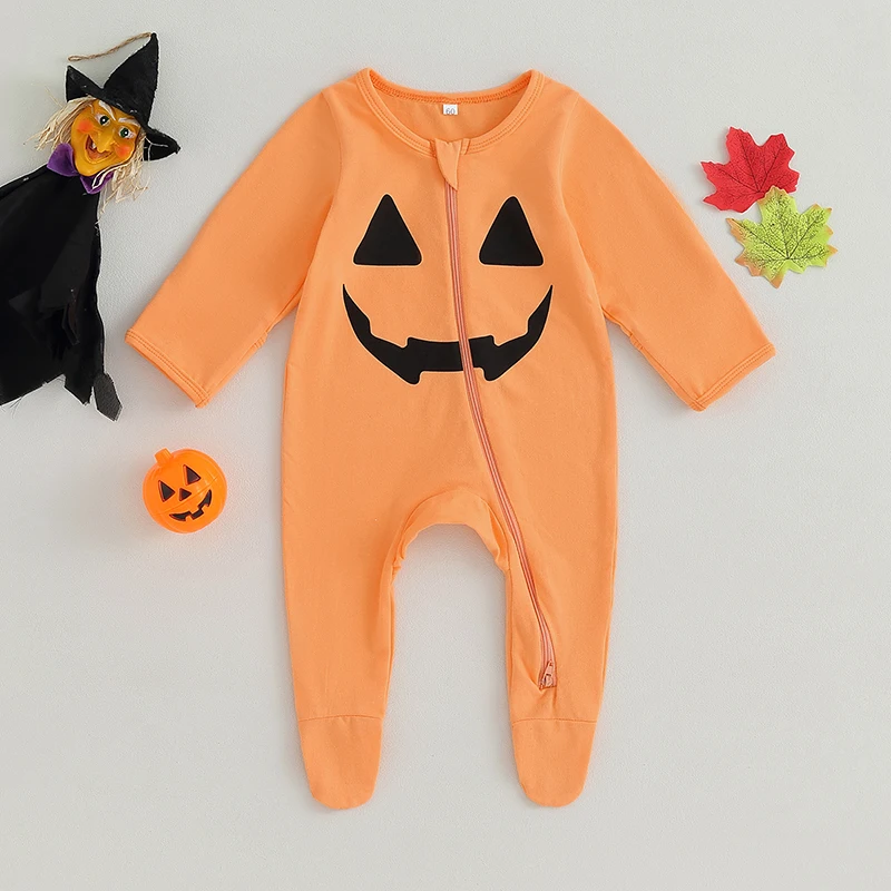 

Baby Girls Boys Footies Rompers Halloween Clothes Pumpkin Face/Skeleton Pattern Long Sleeve Toddler Fall Bodysuits