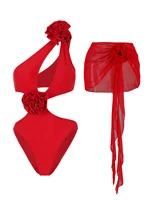 2 Pcs Luxury Woman Swimsuit Sexy Bikini Design 2025 Flower Swimwear Female Red White Cut Out Swim Suit Retro Bodysuit Beachwear