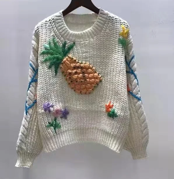 

High Quality Knitted Sweaters 2022 Autumn Winter Casual Jumpers Women Tropical Patterns Knitting Long Sleeve Beige Pullovers