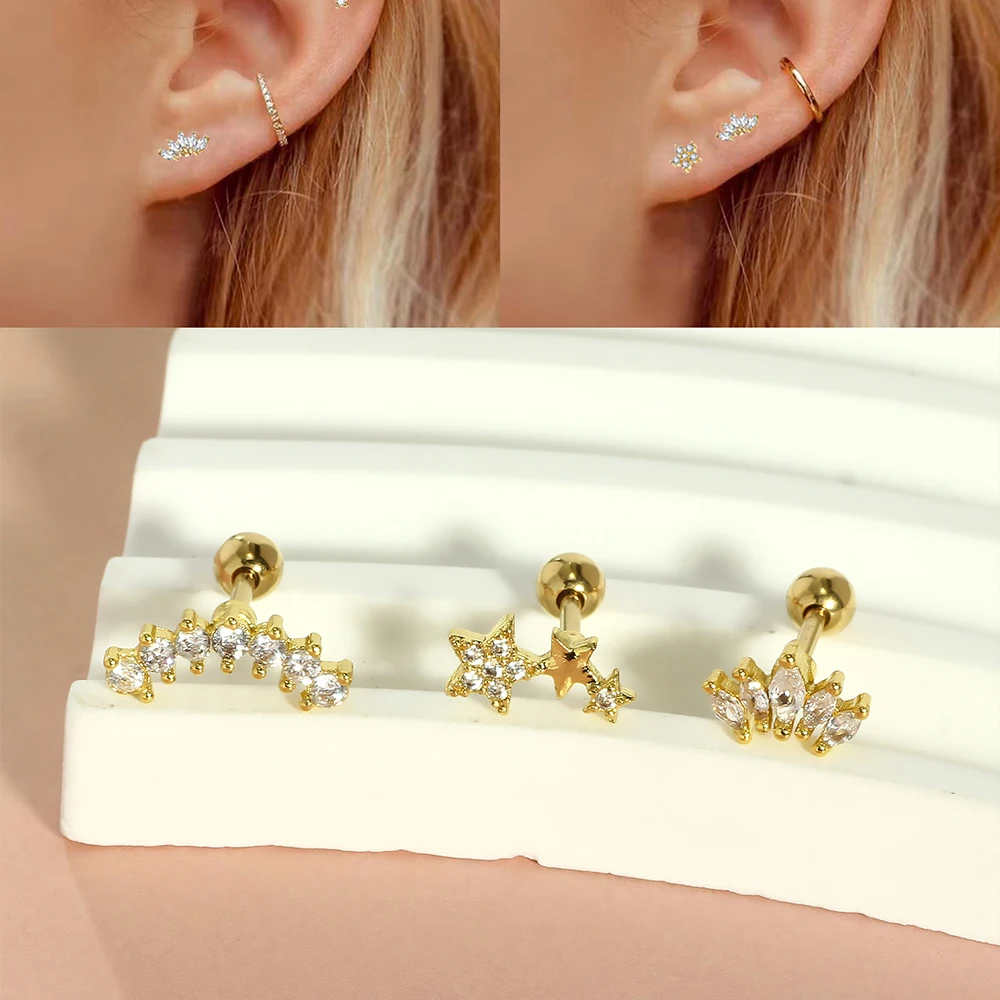 3Pc 16G Stainless Steel Helix Piercing Jewelry Screw Flat Back Stud Earrings for Women Gold Cartilage Earring Conch Daith Rings