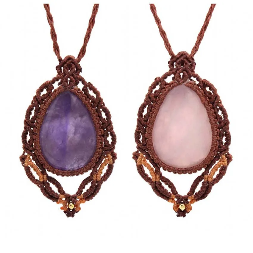 

KFT Natural Healing Crystal Quartz Water Drop Stone Pendant Handmade Thread Rope Wrapped Braided Macrame Chain Necklace Jewelry