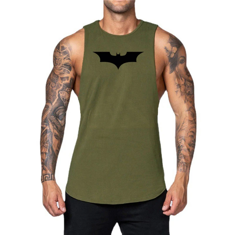 

Black Bat Print Loose Cool Sport Vests Gym Bodybuilding Sleeveless Workout Muscle Shirt Mens Fitness Cotton Breathable Tank Tops