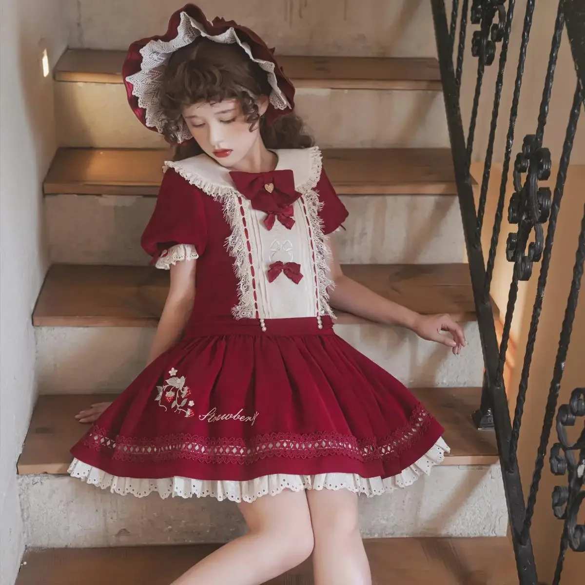 

MAGOGO Sweet Strawberry Lolita OP Dresses Women Cute Doll Collar Bow Lace Short Sleeve Kawaii Dress Harajuku Vintage Mini Dress