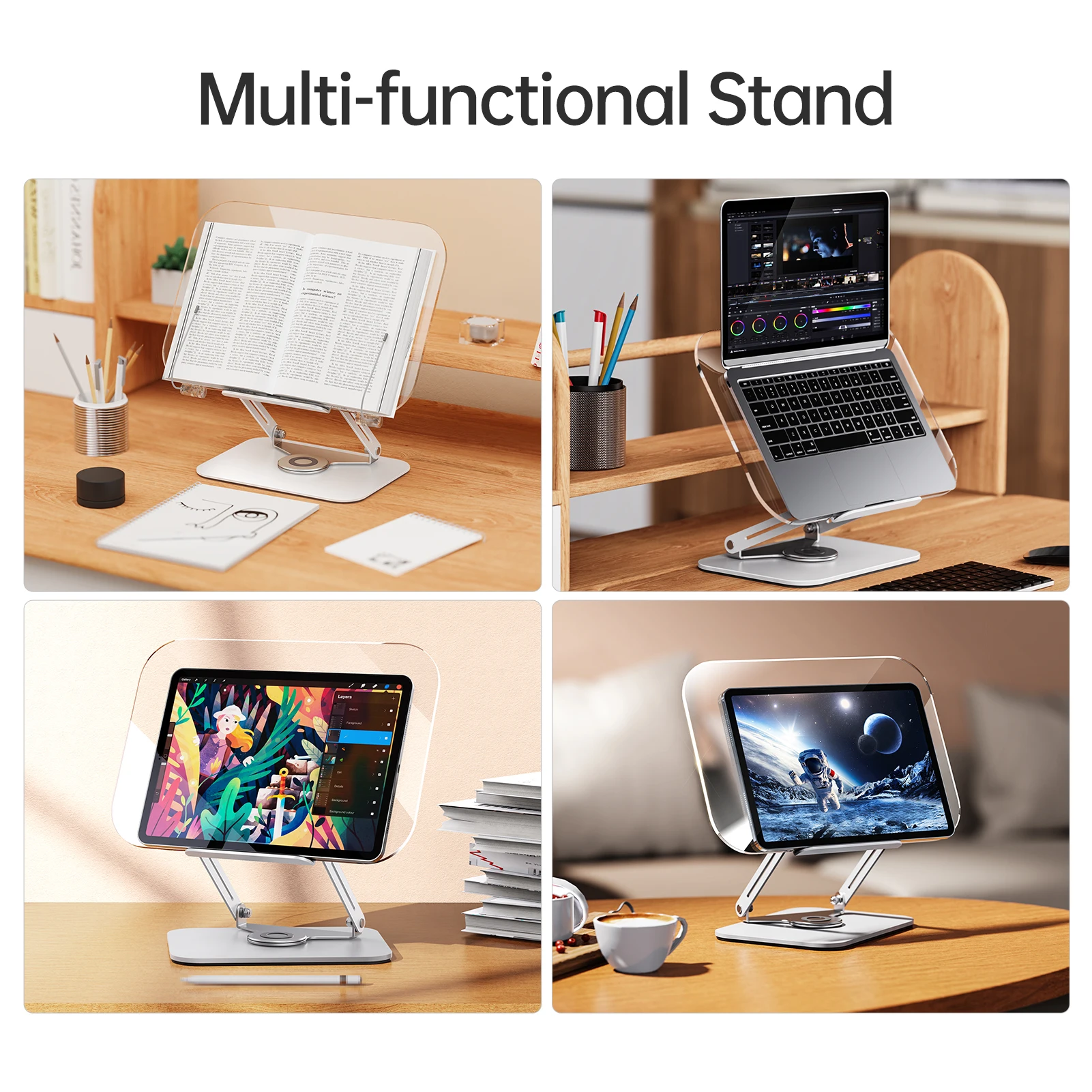 Bisofice R15 Desktop Book Stand for Reading with 360° Rotating Base Transparent Acrylic Panel & Page Clips Foldable and Angle