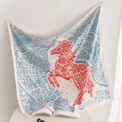 90cm High Luxury Brand Twill Silk Scarf Women Jump Horse Chains Print Curled Square Scarves Echarpes Foulards Femme Wrap Bandana