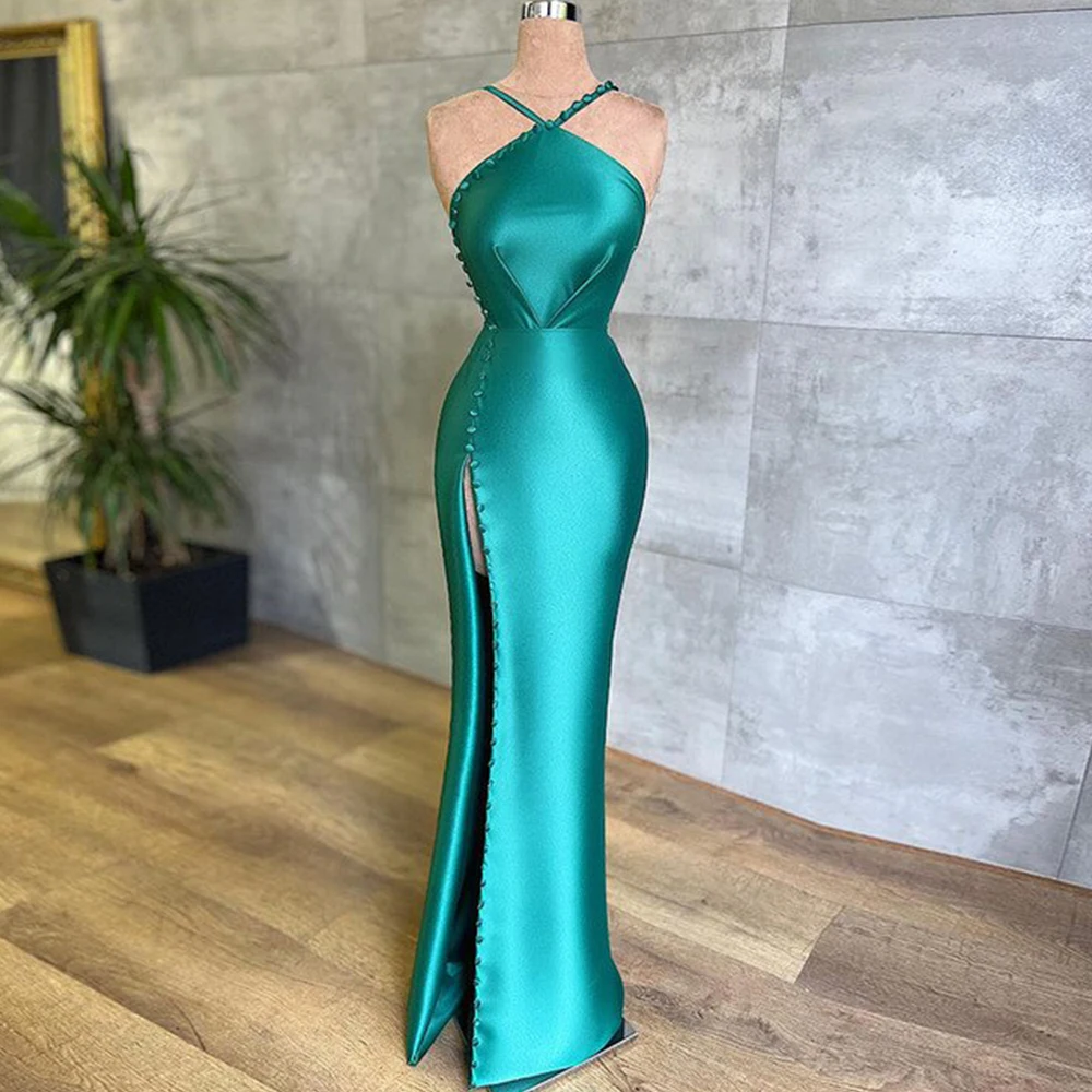 Side Slit Evening Dress Halter Sleeveless Mermaid Floor Length with Buttons  | eBay
