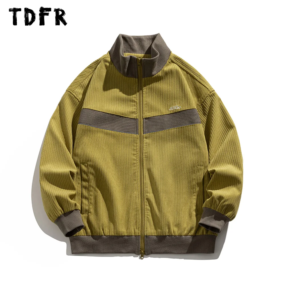 

Contrast Paneled Corduroy Jacket Mens Stand Collar Autumn Winter Retro Casual Loose Long Sleeve Zipper Jacket Men
