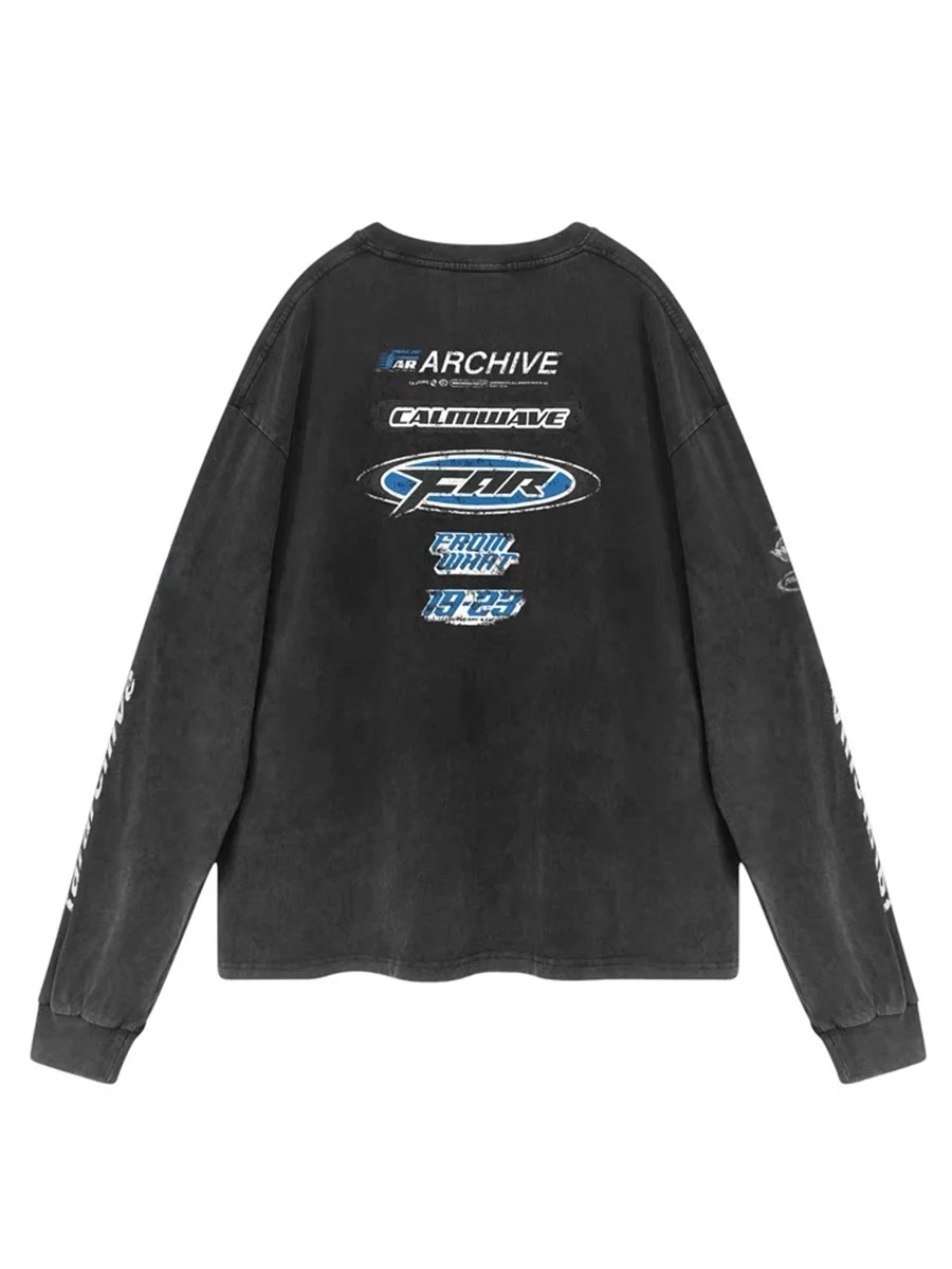 Retro Racing Logo Distred Cotton Long Sve T-irt Streetwear Hip Hop Trendy Base Layer irt Breathable Loose Fit