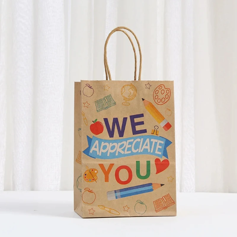6 Stück Kraftpapier-Geschenktüten mit Griffen für Lehrer-Wertschätzungsfeiern, Verpackungen für Klassenzimmerbelohnungen und Dankeschön-Geschenke – Detail 7