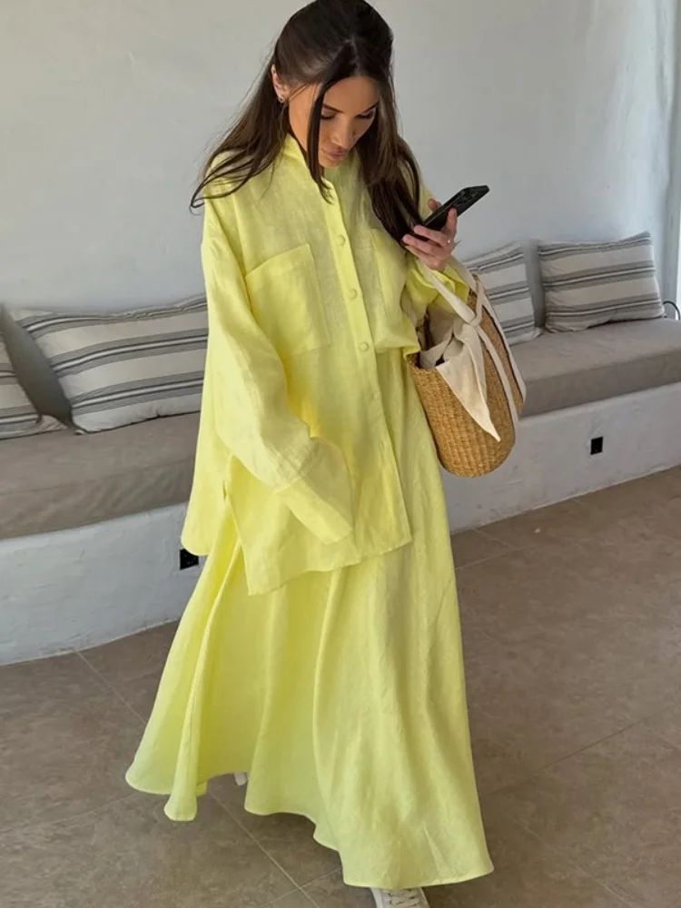 Wmstar Two Piece Set Women Wholesale Woman Clothing 2025 Summer New Casual Loose Long Sleeved Shirt Skirt Yellow Fashion
