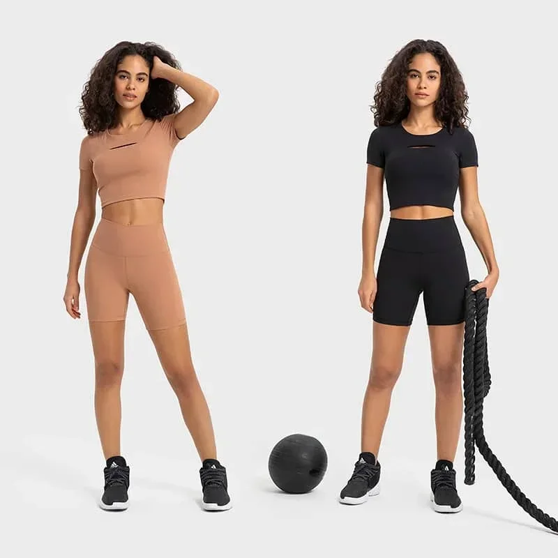 

Lulu Substitutes Women's Short Sleeve Tops Fitness Yoga Sports Ribbed Fabric Cropped Tops T-Shirts With Chest Pads