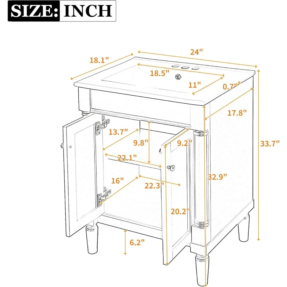 24&rdquo; Bathroom Vanity with Sink, Powder Room Small with 2-Door Cabinet, Undermount Sink, Solid Wood Frame Fashion