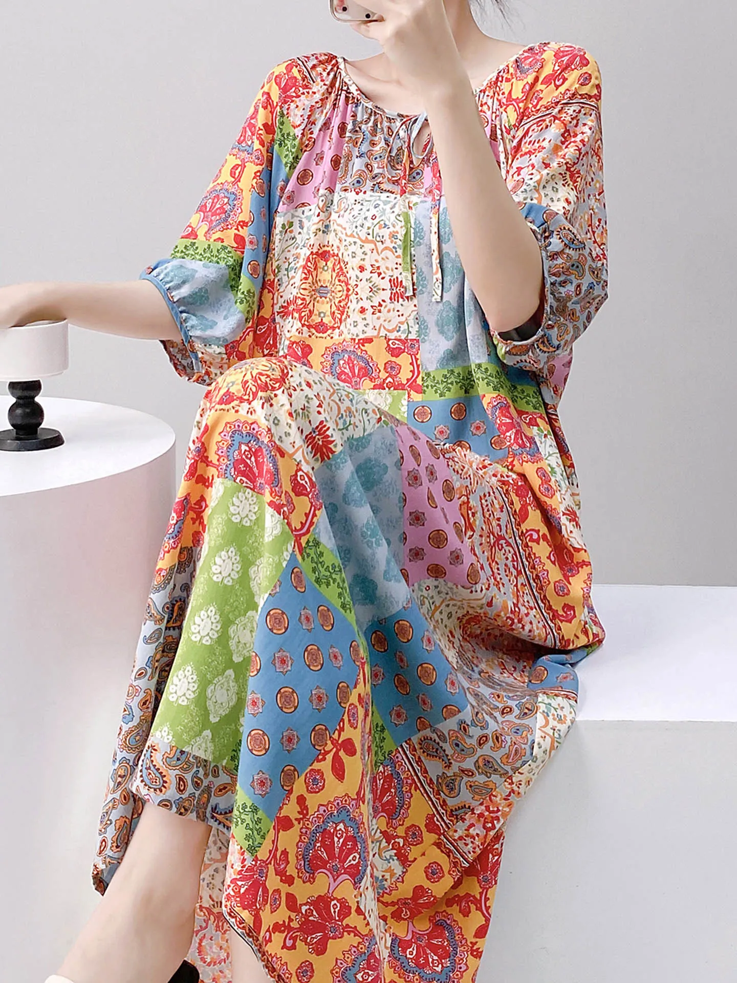 Ele ort Sve Women's Nightgown Summer Thin Cotton Silk Loose Artificial Cotton Home Clothes Full Skirt Long Dr