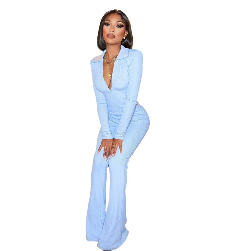 WSFEC 2023 Spring Fashion Jumpsuits Women Clothing Long Sleeve Deep V Neck Solid Bodycon Wide Leg Long Romper Female Bodysuits
