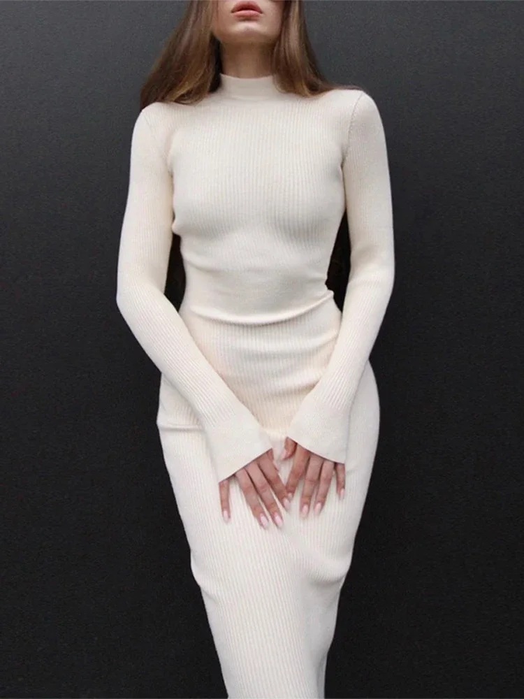 

Knitted Turtleneck Dress Women Autumn Winter Long Sleeve Bodycon Midi Dresses Female Elegant Fashion Solid Color Skinny Dress