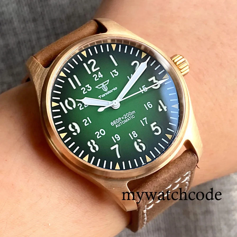 Tandorio CuSn8 Real Bronze NH35 PT5000 Dive Mechanical Watch Men Vintage Pilot Wristwatch 20bar Sport Clock Sunburst Green/Red