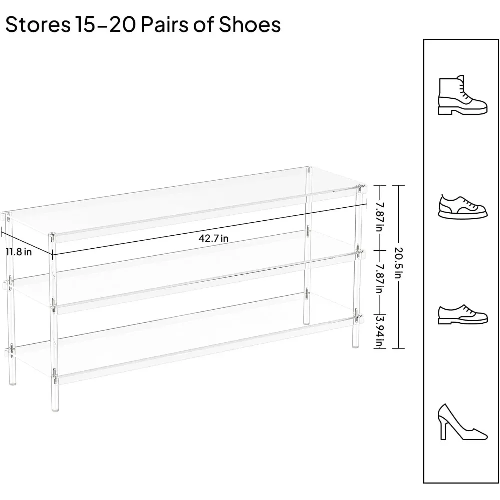 acrylic 3-tier long shoe rack - clear wide shoe rack for closet - entryway shoe storage organizer - 42.7'‘ l x 11.8'' w x 20.5'