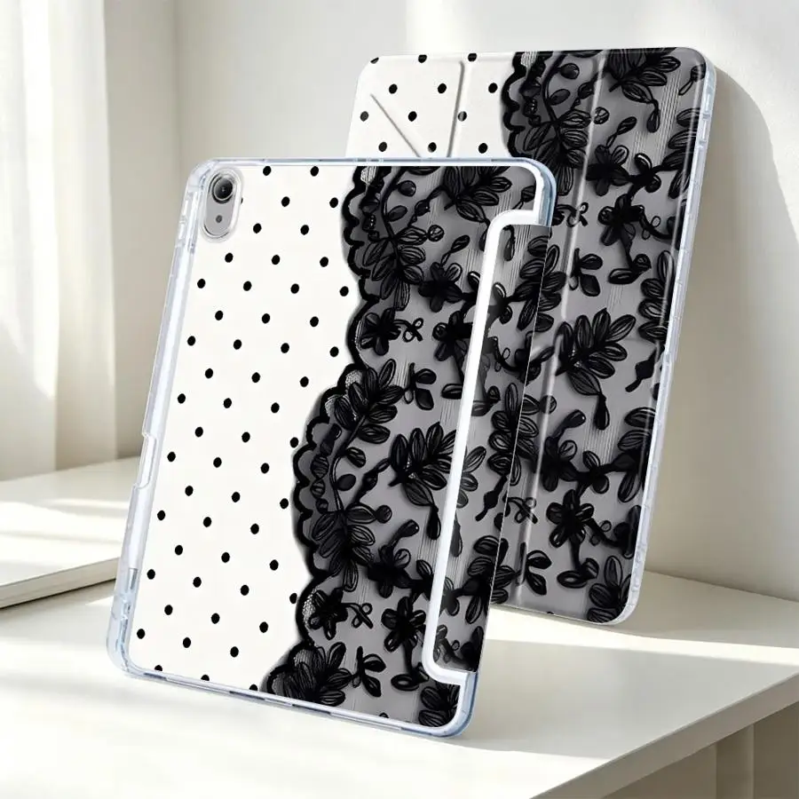Elegant Black Lace Print Tablet Case with Pen Slot