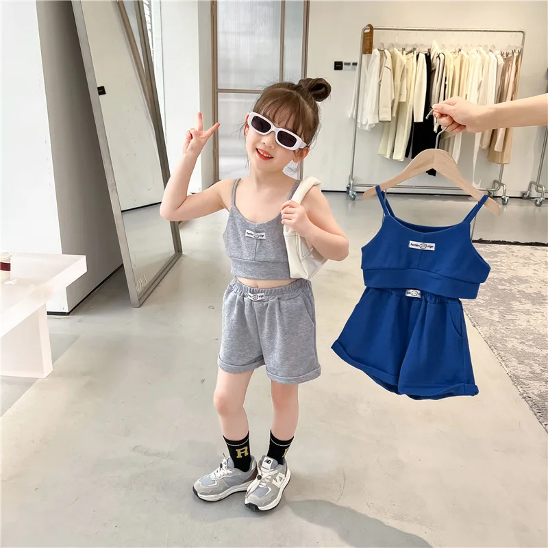 clothes set color	 Girls' Western-Style Leisure Suit 2022 Summer Korean Children'S Letter Embroidered Camisole Shorts Two-Piece Set baby boy clothing sets cheap	