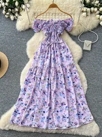 SINGREINY Vacation Floral A-line Sundress Ladies Korean Style Shirred Stretch Waist Vintage Off Shoulder Print Casual Long Dress