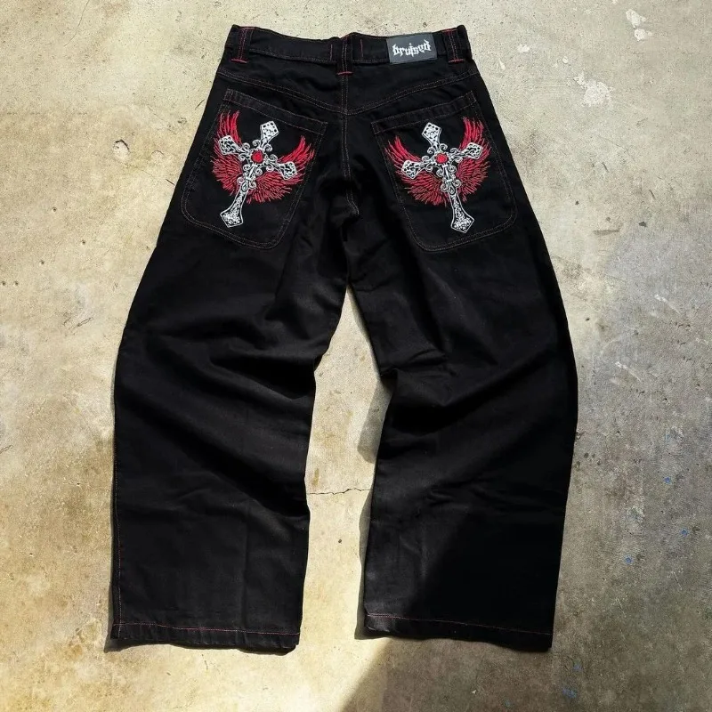 Skull bone print pattern oversized loose jeans men's Y2K street hip-hop Harajuku fashion high waist wide leg straight leg women