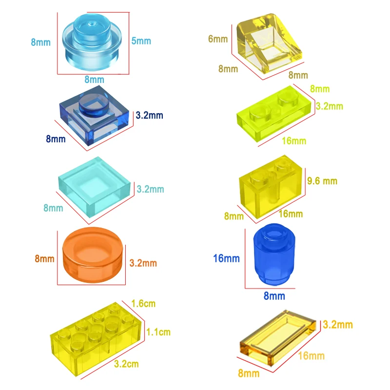 300PCS Transparent Mixed Color Plate Tile Slope Round 1x1 3024 4073 98138 3070 54200 Building Block Part Brick Pixel Art DIY Toy 2