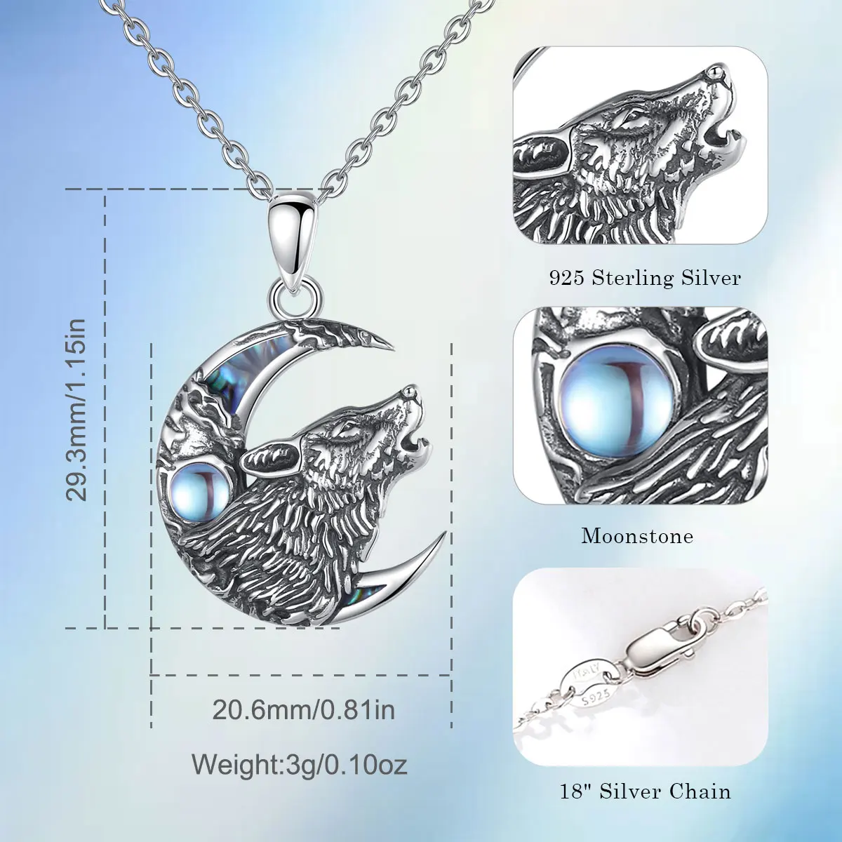 Eudora 925 Sterling Silver Wolf on the Moon Necklace Moonstone Wolf Pendant Animal Series Jewelry for Warriors Men'women Gift