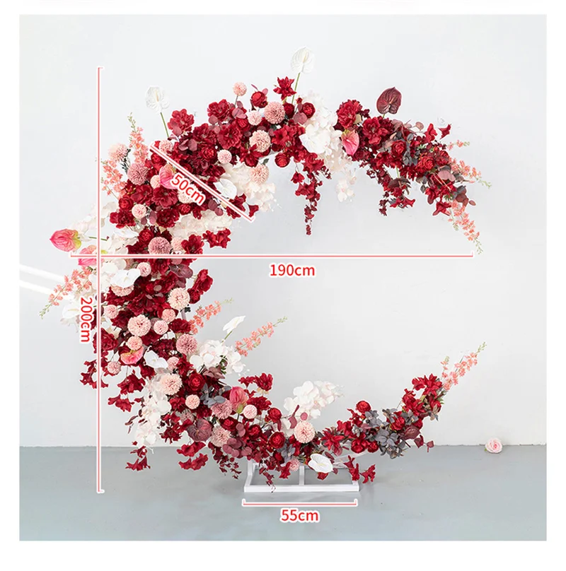 

Moon Shape Artificial Flowers Arrangement Red Rose Hydrangea with Arch Wedding Backdrop Decoration Decor Backdrops Baby Shower