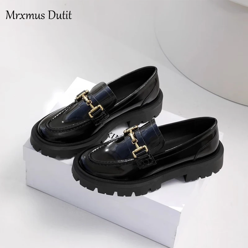 Mrxmus Dutit 여성용 천연 가죽 라운드 헤드 두꺼운 로퍼, 얕은 블랙 와일드 캐주얼, 심플한 슬립온 신발, 여성 시크, 2024 신상