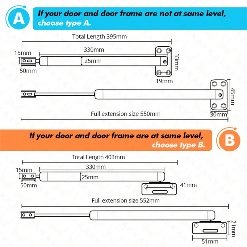 KAK Overhead Door Closer Soft Close Automatic Gas Spring 110 Degree Positioning 30KG 60KG