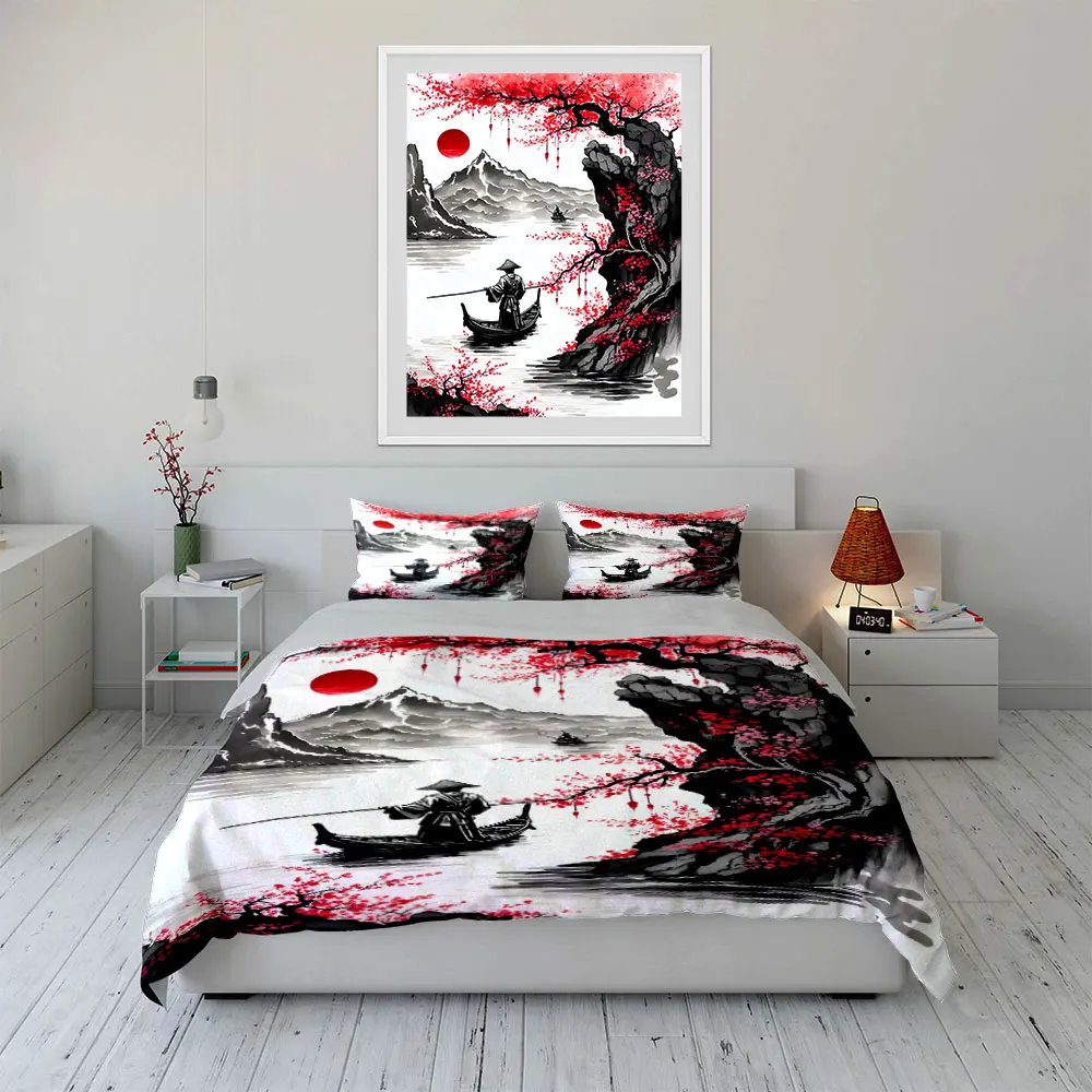 Elegant Red Plum, Ink Landscape Print Bedding Set 1 Duvet Cover 2 Pillowcases for Adult and Children Luxury Gift Full Size 4