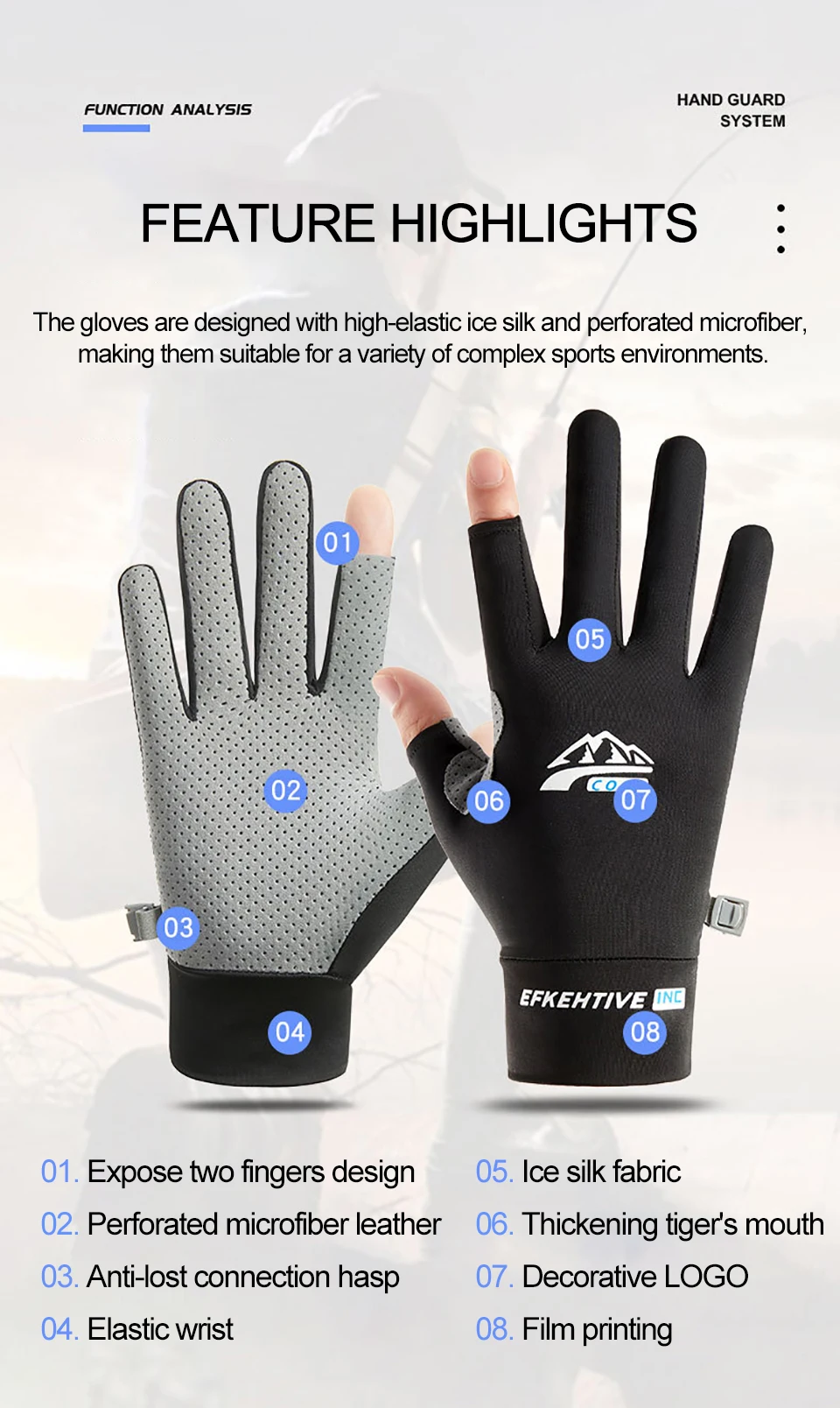Description Picture 5 of itemWALK FISH Fishing Half Finger Gloves Men Women Anti-UV Sun Protection Fishing Rowing Paddling Sailing Sports Fingerless Gloves