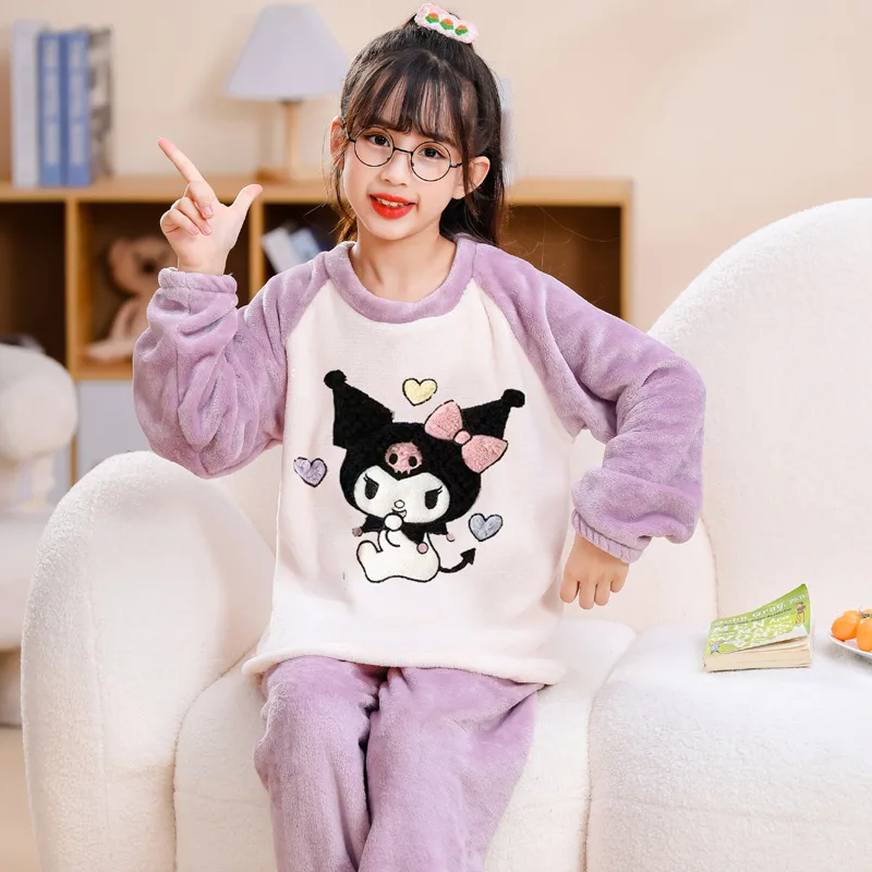 

Kawaii Sanrio Pajamas Cinnamoroll Kuromi Cartoon Cute Children's Clothing Thickening Flannel Round Neck Home Clothing Suit