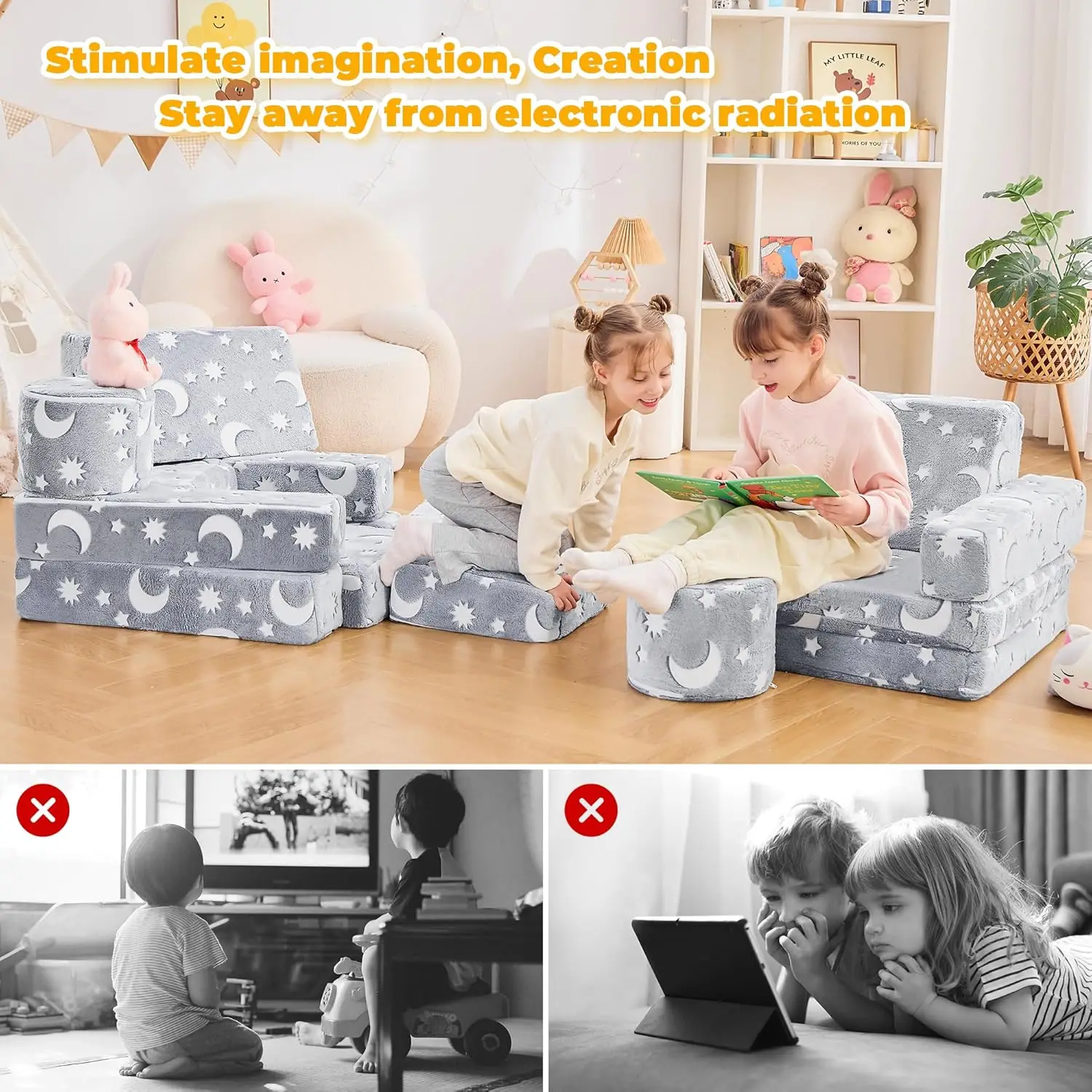 Modular Kids Play Couch, Kids Couch Toddler Couch, Child Sectional Sofa, Bedroom and Playroom Furniture for Toddlers, Blue