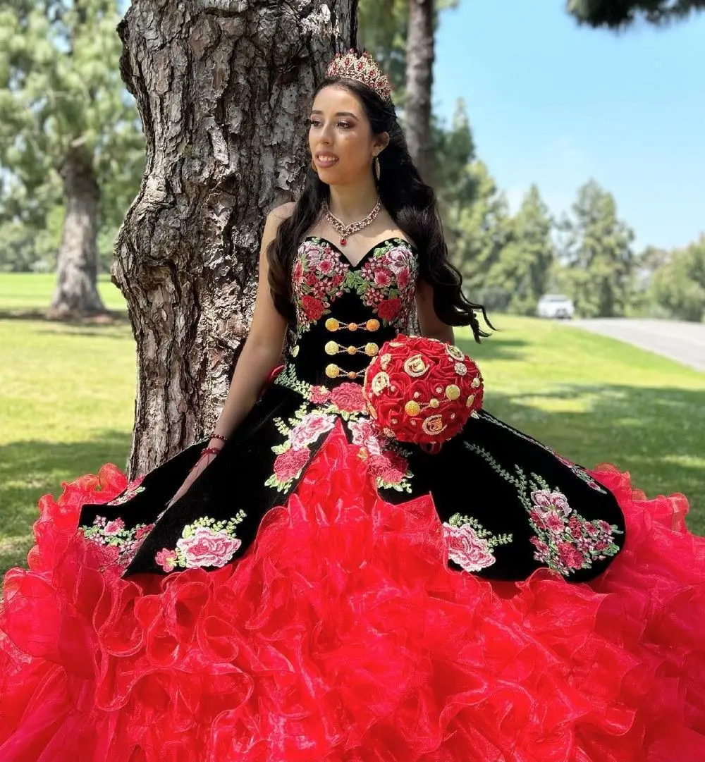 Lorencia Red Ball Gown Quinceanera Dress 3D Flowers Applique Cascading Ruffles Sweet 16 Corset Mexico Vestidos De 15 A&ntilde;os YQD643