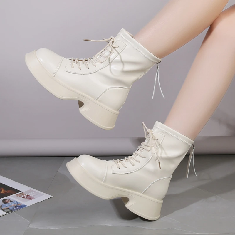 Shoes for Women 2023 Brand PU Ankle Women's Boots Platform Modern Boots Women Lace Up Side Zip Round Toe Versatile Ladies Shoes